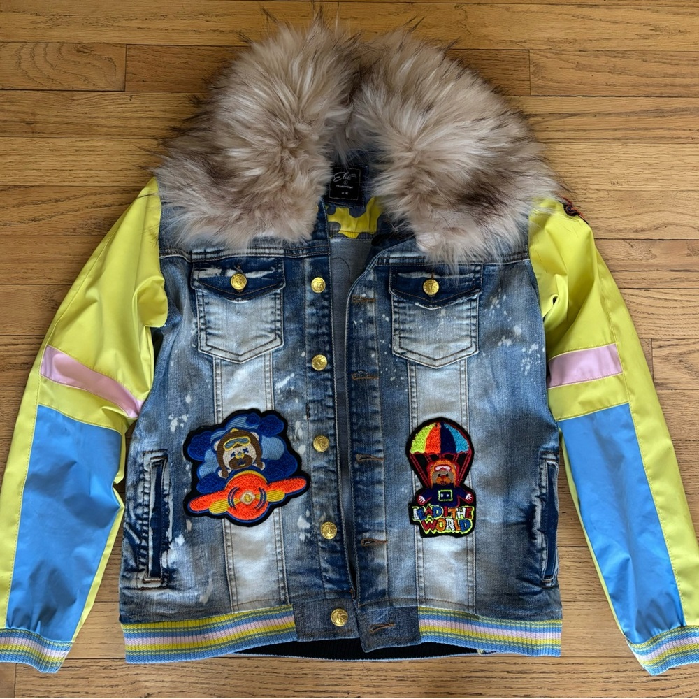 Blue and Yellow Jean Jacket with Fur Collar